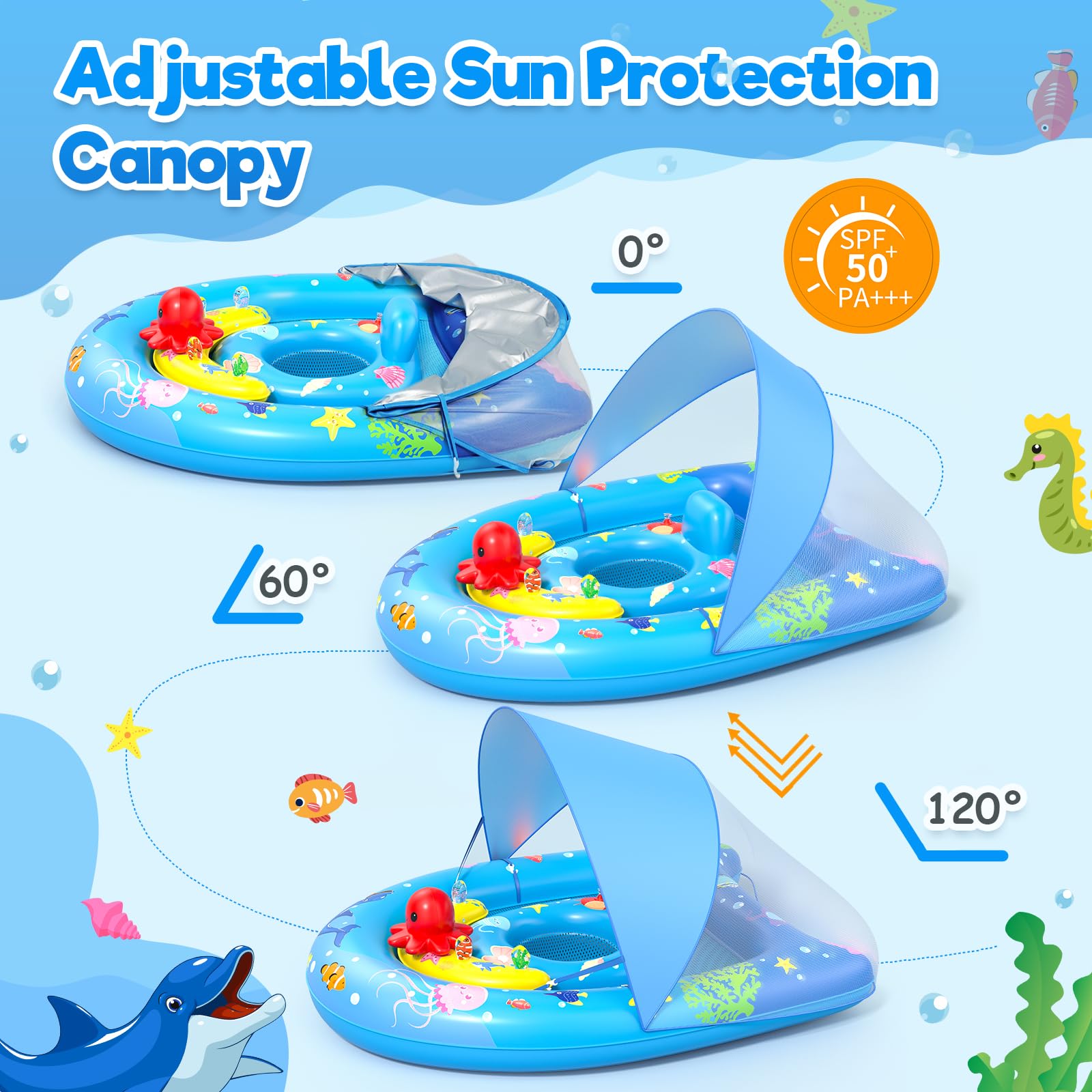 Sunrad Baby Pool Float with Canopy UPF50+ Sun Protection, Inflatable Baby Swim Float with Toy Play Console & Adjustable Safety Seat, Toddler Infant Pool Floaties for 6-36 Months (Blue)