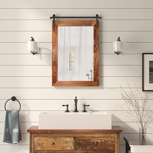 Miniatura 3 de COGOOD Espejo de puerta de granero de granja  26 x 17 pulgadas, espejo de pared con marco de madera rústica para baño, sala de estar, entrada