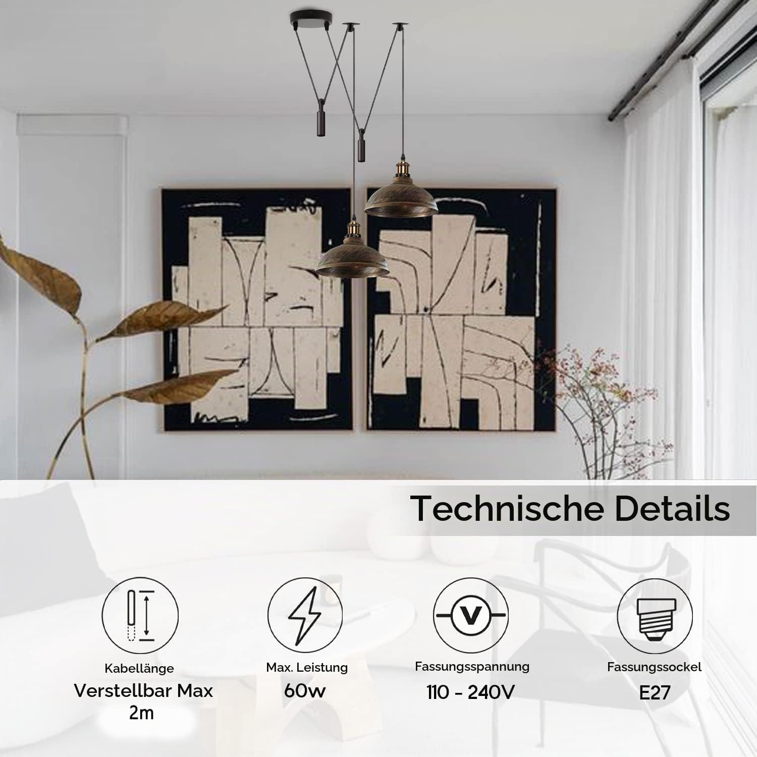 LEDSone Retro Spider Deckenpendelleuchte, 2-flammig, Industrieoptik, gebürstetes Kupfer, 29 cm, E27, verstellbar, für Wohnzimmer, Schlafzimmer, Café oder Loft