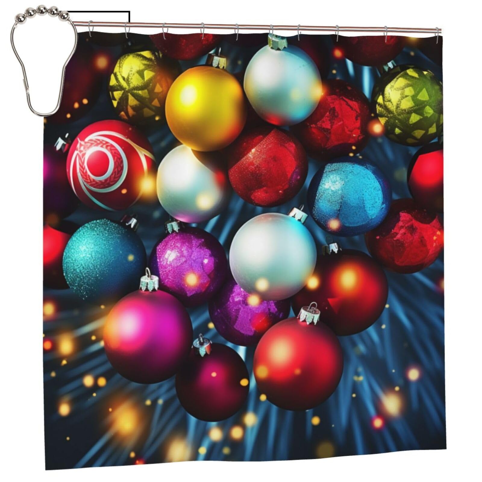 BWWHCCTI Colorful Xmas Balls Printed Shower Curtain With 12 Iron Hooks Opaque Quick Drying Waterproof Shower Curtains Sets For Bathroom 183x183 CM