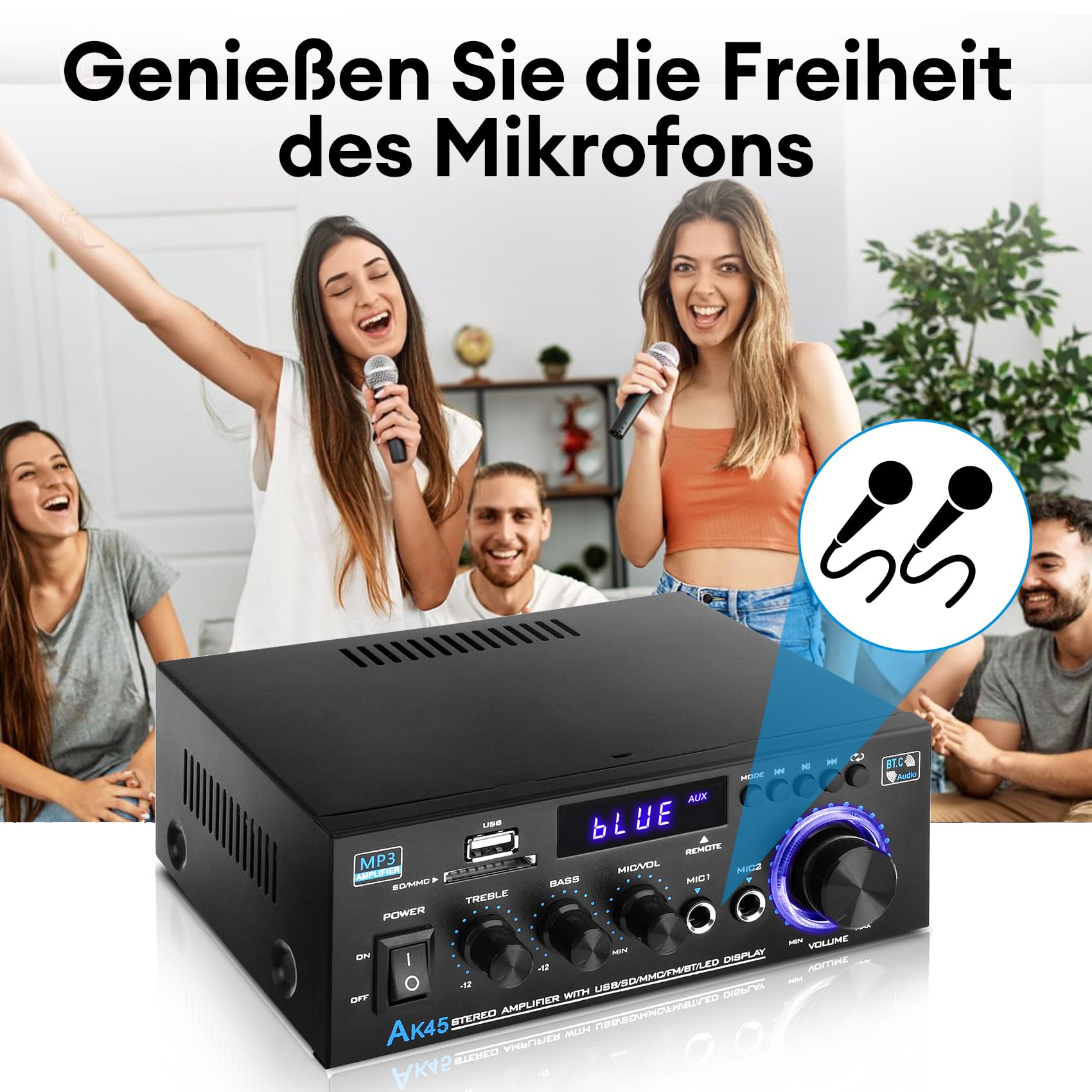Hifi Verstärker - KKMOL Stereo Verstärker, AK45 Mini Bluetooth Radio Audio Verstärker Receiver, Wiimp Amp,12V/ 220V 400W 2 Kanäle Digitale Endverstärker Soundverstärker mit USB, SD Card, Fernbedienung