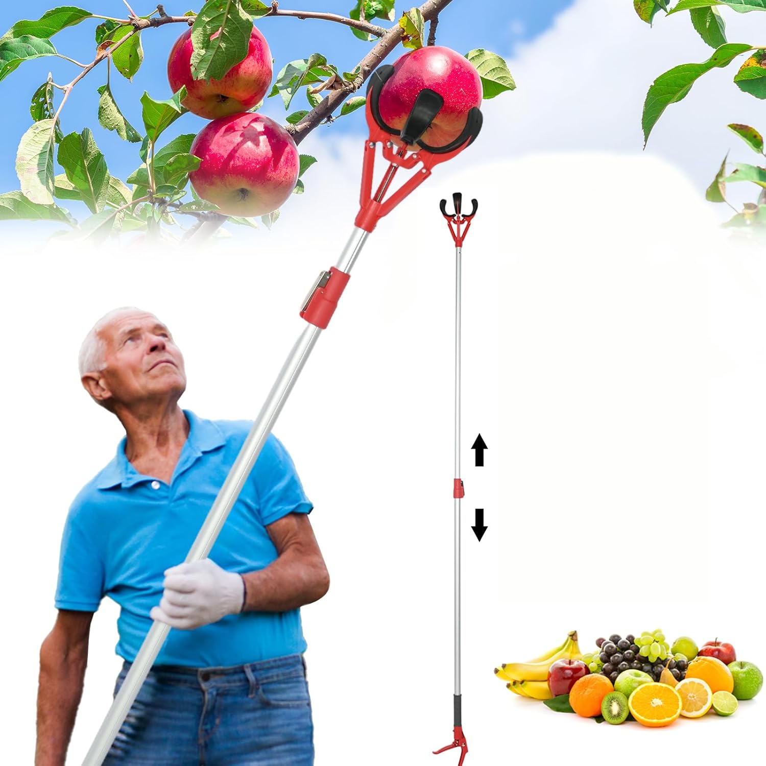 tonchean Fruit Picker Pole 51-91 Inch, Telescoping Apple Picker Tool with Triple Claw, Lightweight & Adjustable Long Reach Fruit Harvester for Oranges, Mango, Avocado, Persimmon