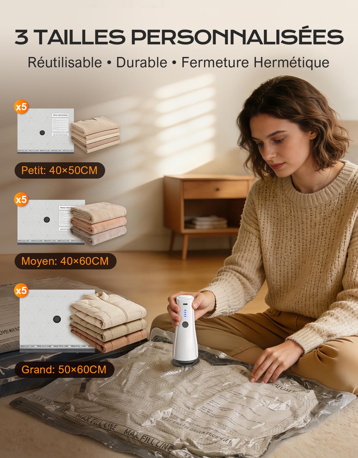 CIRYCASE 15 Pièces Sac Sous Vide Vêtement Aspirateur avec Pompe à Vide Rechargeable [-5000PA Aspiration & 80% d'Espace Gagné], Sac Compression Voyage Portable Housse Aspirable Rangement pour Maison