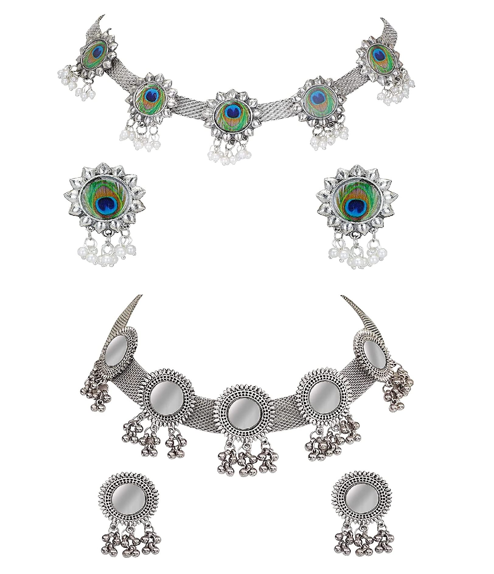 Zukhruf Oxidised Silver Peacock Choker & Mirror Choker Set Combo Pack (B09W9PRBYD) Amazon Price History, Amazon Price Tracker