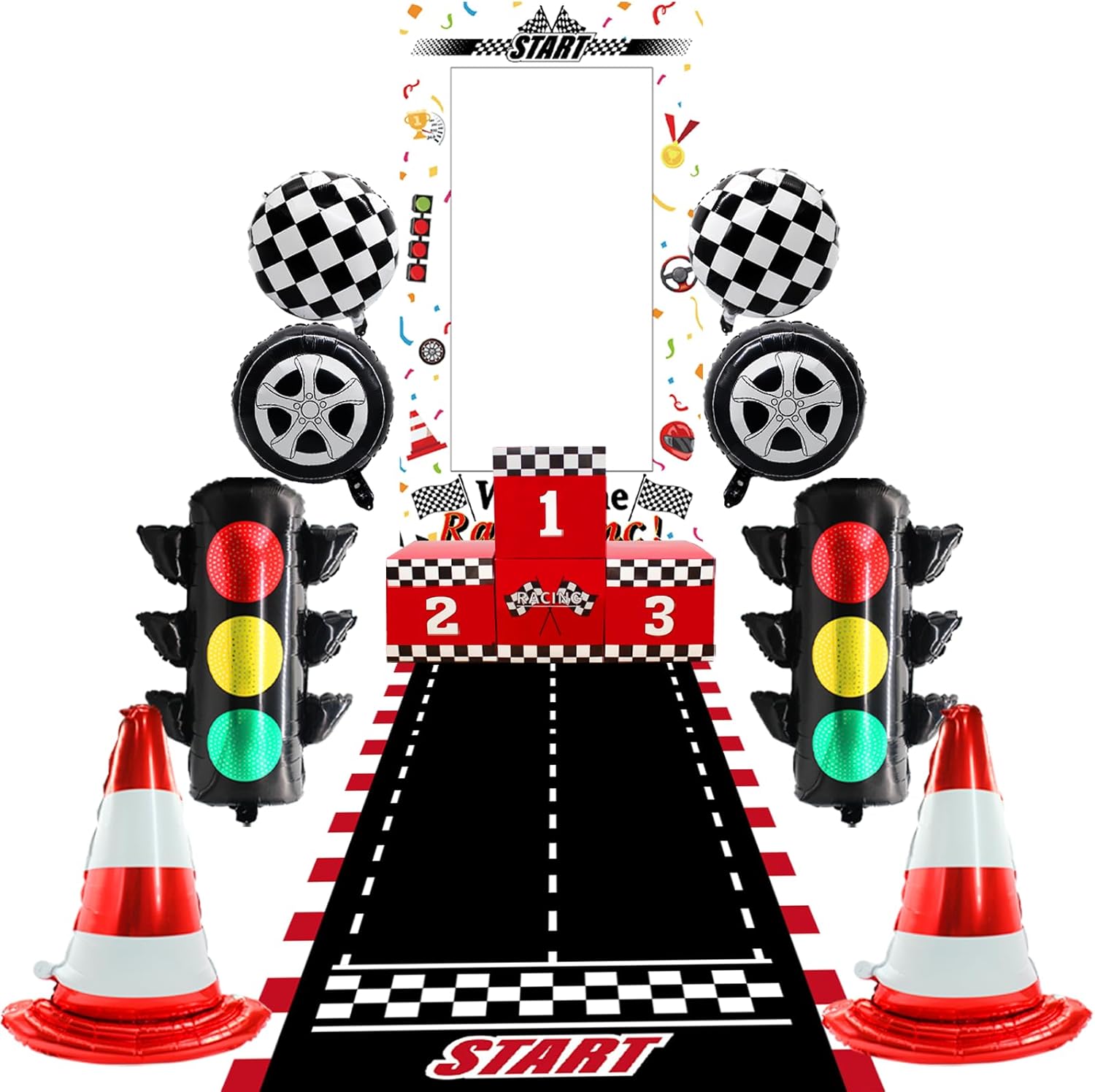14pcs Race Car Birthday Party Decorations, track fabric, prize boxes, black and white checkered and tire balloons, red cone balloons, traffic lights for Race Day racing theme decorations