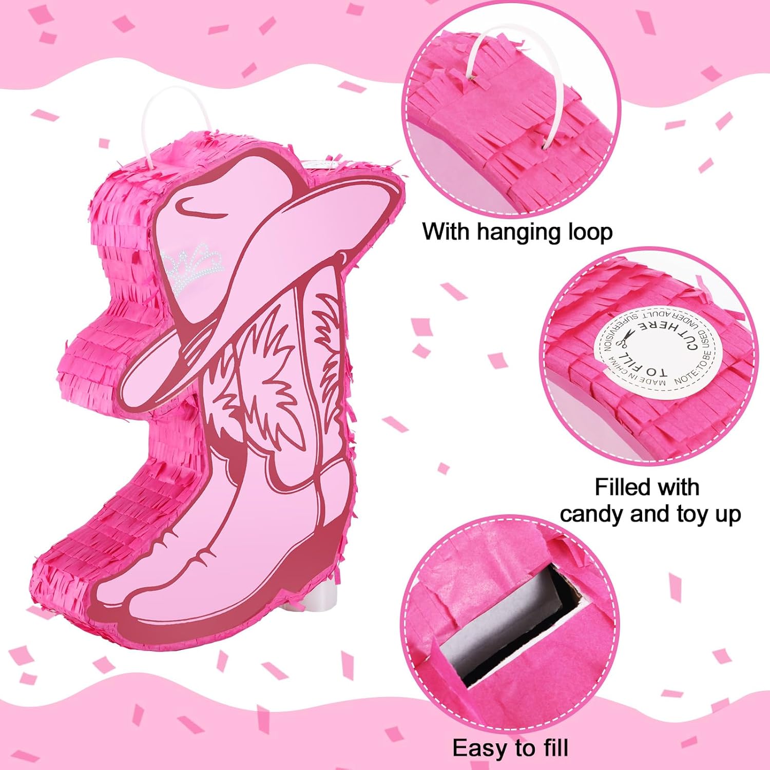 Jexine Cowgirl Boot Piñata Bundle with a Blindfold and Bat Birthday Piñata Piñatas for Western Cowboy Theme Birthday Party Decors Party Favors Photo Prop Candy Holder Party Supplies (Pink Boot)