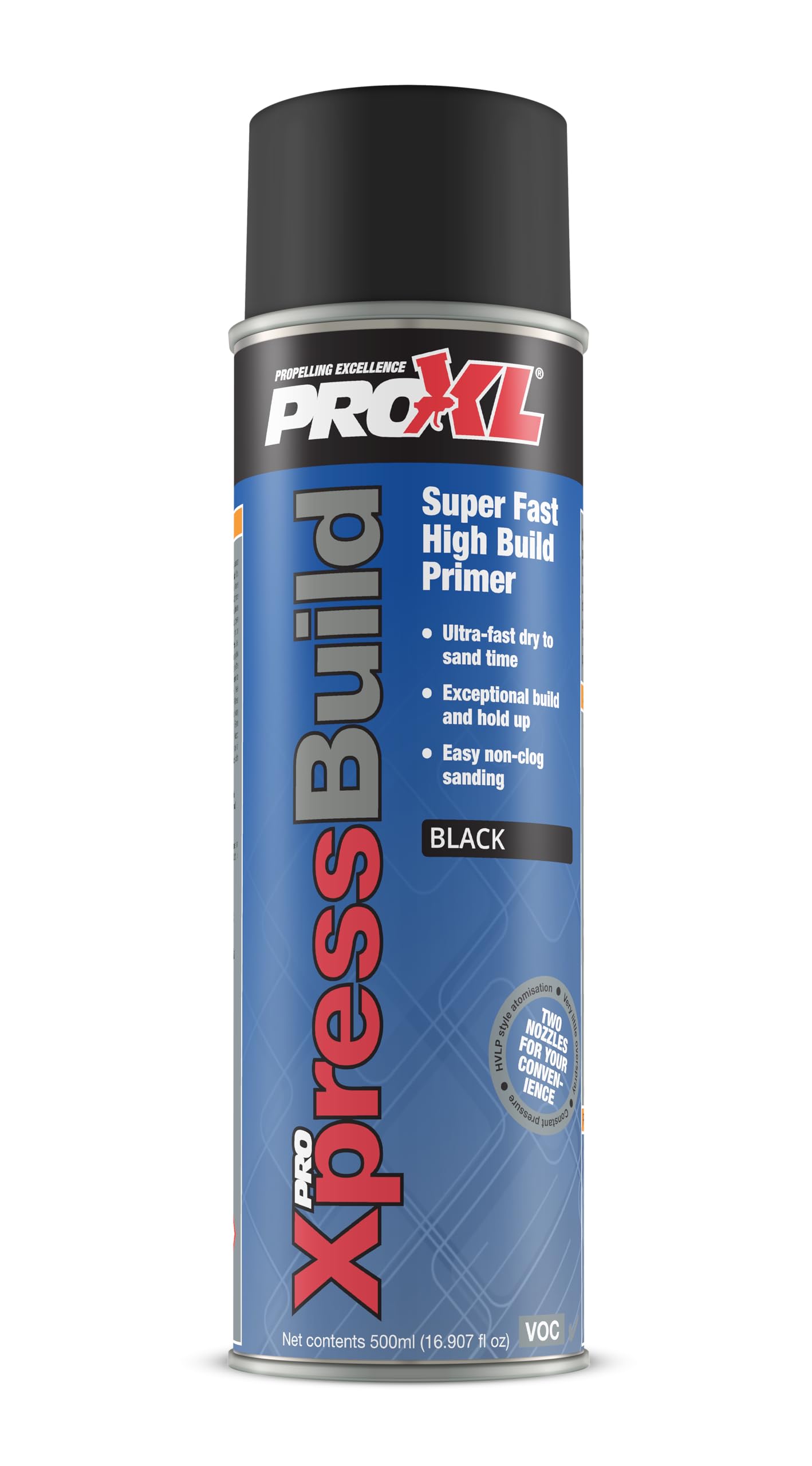 ProXL XpressBuild Super High Build Black Primer Aerosol - 500 ml | Ultra Fast-Drying Black Primer Filler | Fills Scratches & Sanding Marks | Excellent Adhesion on Metal & Plastic | Sandable in 20 Minutes | Vari-Nozzle Included