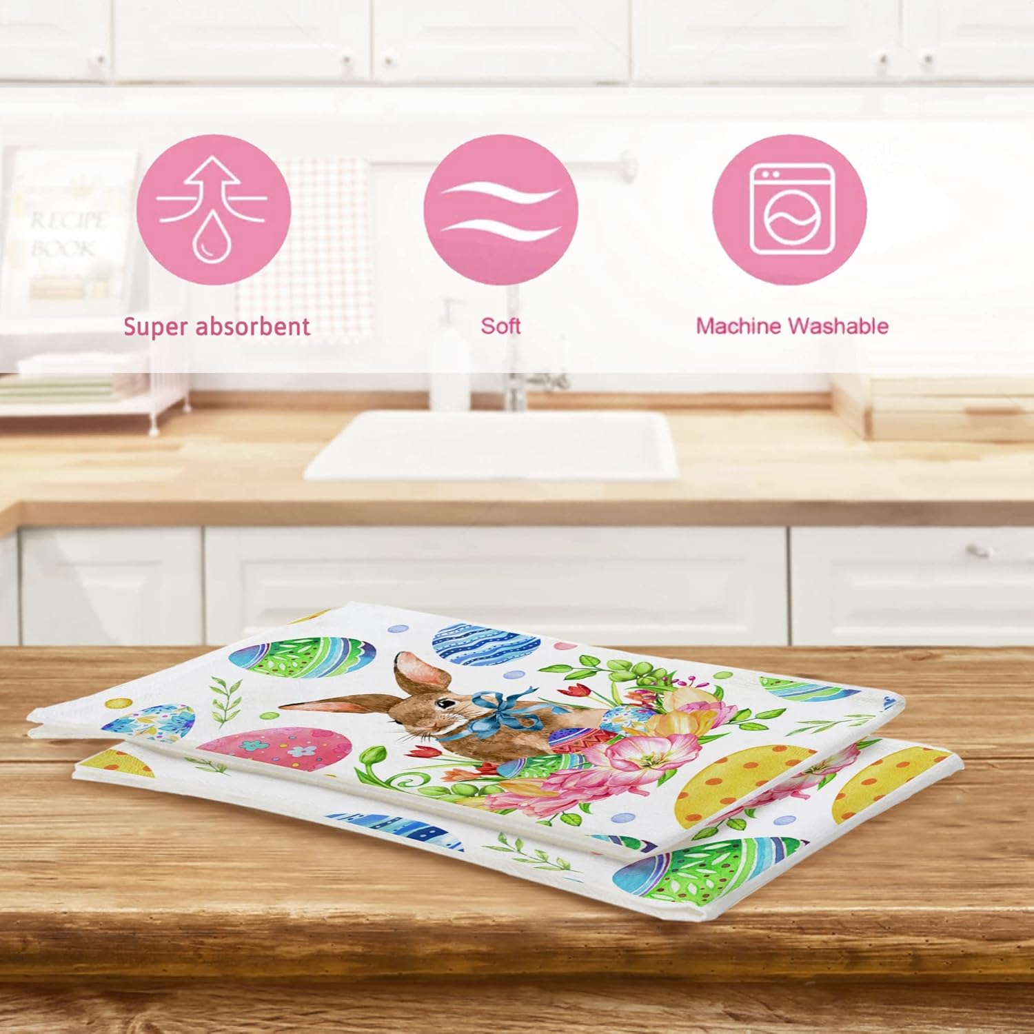 Easter Kitchen Towels Set of 2, Easter Kitchen Decor with Rabbit Bunny Flower Easter Egg, Decorative Dish Towel Dishcloths Multi-use Tea Towel, Reusable Drying Hand Towel 18x28” Home Bathroom Decor - Image 7