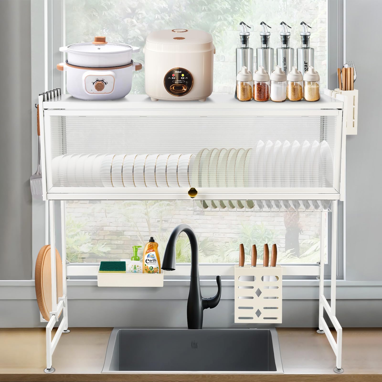 LANTUS Organizzatore Lavello Cucina, Scolapiatti/Stenditoio per Stoviglie, Cucina Antiruggine con Porta, Scolapiatti da Cucina, Grande Scaffale di Stoccaggio, 85 x 30 x 78 cm - Bianco