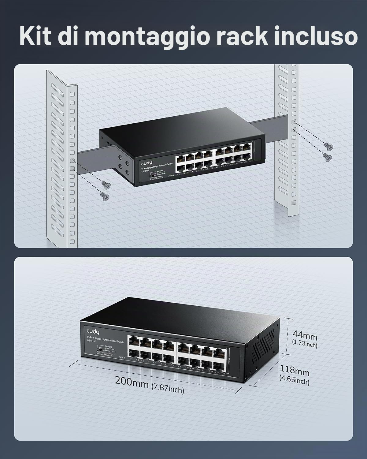 Cudy GS1016E Switch Gigabit Gestito Intelligente Leggero a 16 Porte Plug & Play, Metallo Robusto con Porte Schermate QoS, VLAN, IGMP Lag, Montabile a Rack