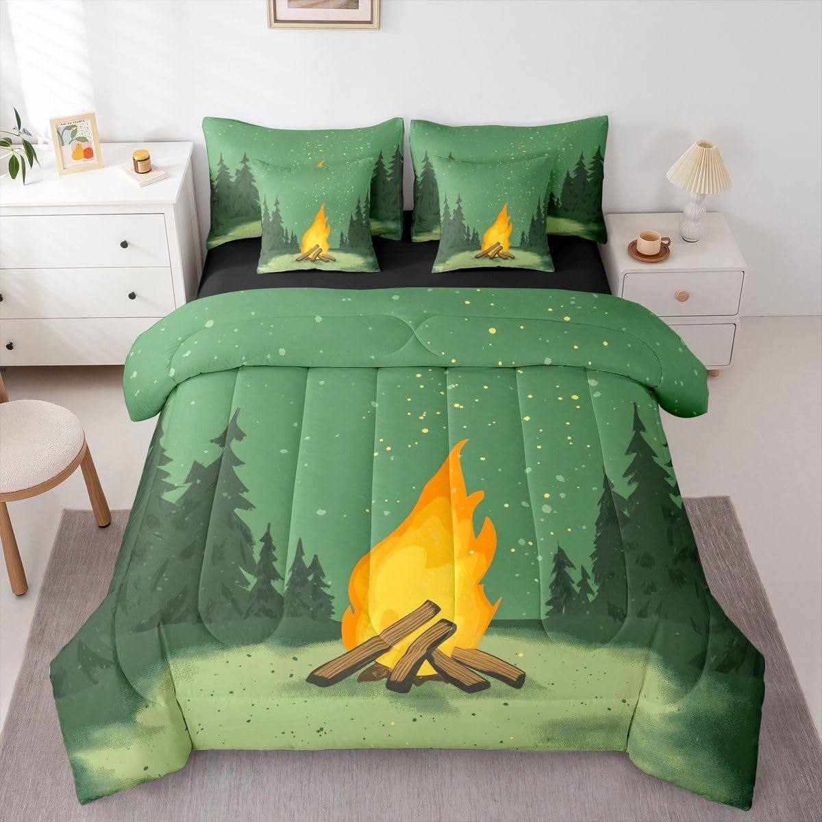 Happy Camping Camper Queen Comforter Set 7pcs Vintage Farmhouse Bedding Comforter Sets, Rustic Old Barn Door Bed in a Bag Retro Windmill Jungle Silhouette Bedding Set RV Travel Trailer Car Sheets Set
