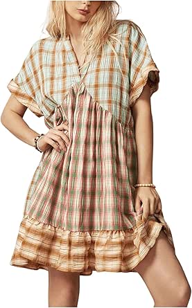 SOLY HUX Women's Y2K Plaid Strapless Mini Dress - Retro Pleated A-Line Flowy Summer Dress