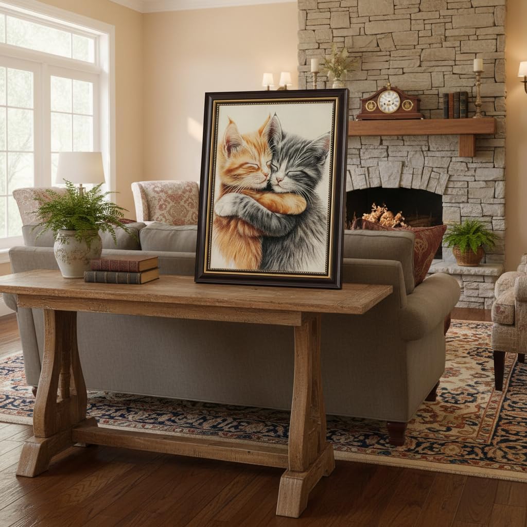 Framed Cat Canvas Wall Art Cute The Adorable Black Cat and Yellow Cat Are Sleeping Together Animals Painting Pictures Wall Decor Posters Prints for Bedroom Dorm Living Room Home Decoration