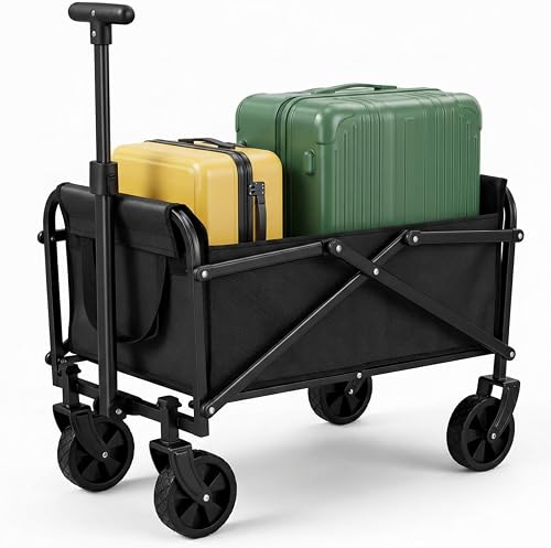 Collapsible Wagon with Wheels, 220 lbs Wagons Carts Foldable Wagon Cart with Flexible Handle, Lightweight Portable Folding Utility Grocery Shopping Cart for Grocery Sports Garden Camping