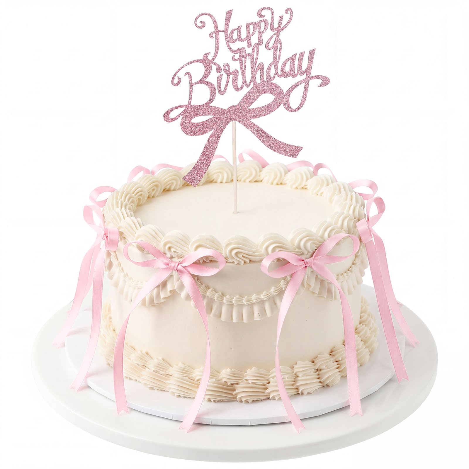 18 PCS Pink Ribbon Bows for Cake with 1 PCS Happy Birthday Cakes Topper