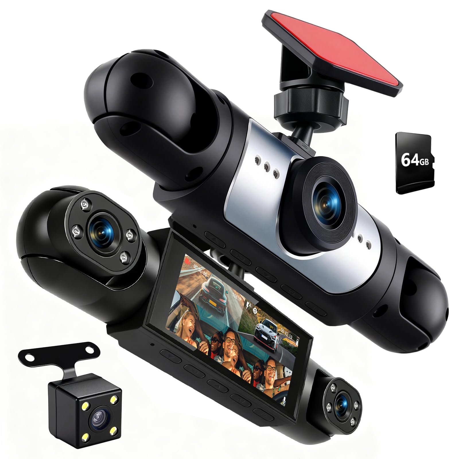 Mirror Dash Cam 4 Channel Front Rear, 3,16" Rückspiegel Kamera mit G-Sensor/Parking Monitoring/Night Vision/24H Parking Mode 360 Grad Schutz+ 64GB Karte
