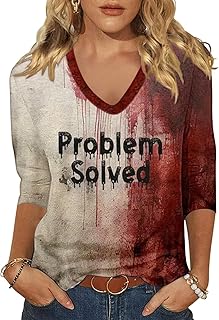 Womens Halloween 3/4 Sleeve V Neck Shirts Fall Halloween Funny Skull Graphic Length Sleeve Top Spooky Season Tees