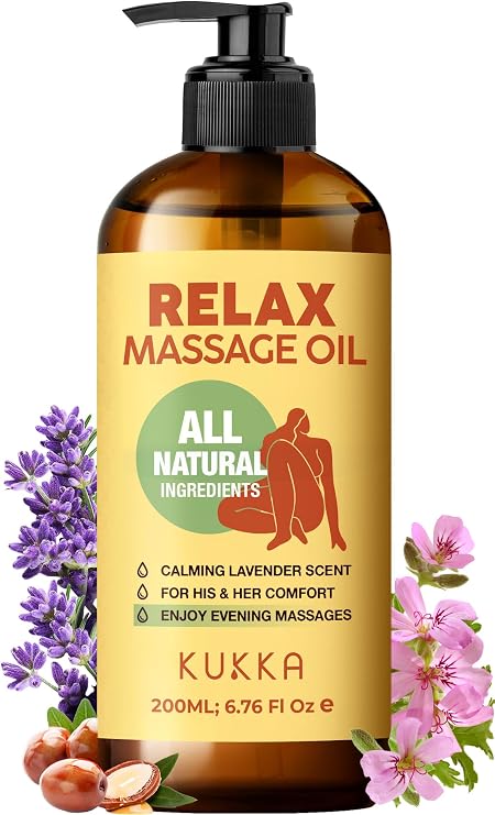 Kukka Relax Massage Oil (6.76 fl oz) & Relax Massage Oil (3.4 fl oz) Set - Body Oils for Women & Men - Spa Quality & Light Weight