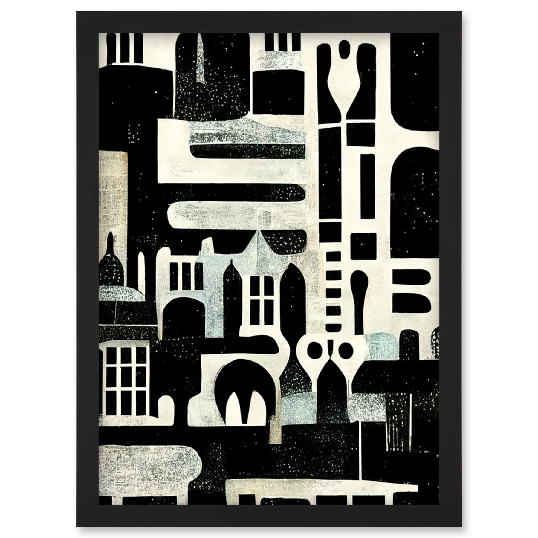 Wee Blue Coo Framed Black A4 Bold Monochrome Modern Vintage Abstract Geometric Black White Cream Grey Artwork Framed Wall Art Print A4