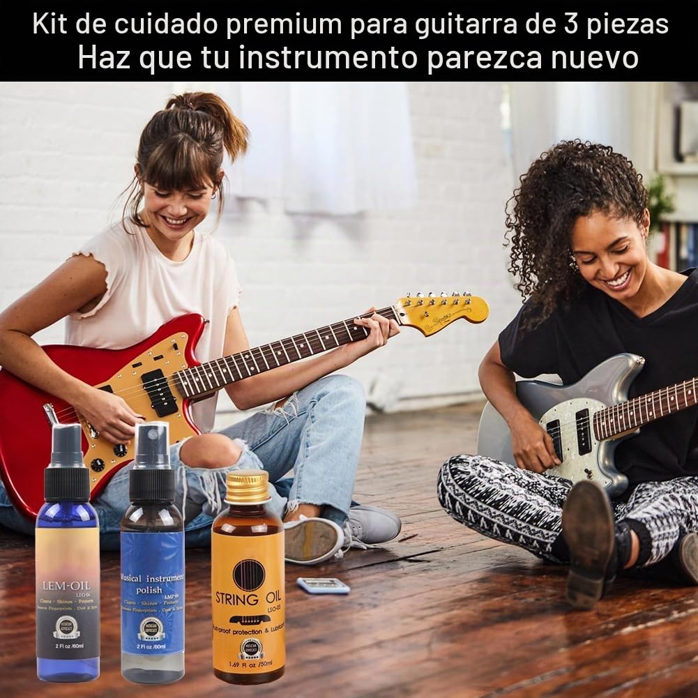 Kit Limpieza para Guitarra,Kit Mantenimiento de Guitarra,60ml Aceite Limpiador de Cuerdas,50ml Aceite Abrillantador,60ml Aceite Limón para Diapasón y Tela Limpieza,Guitar Cleaning Kit