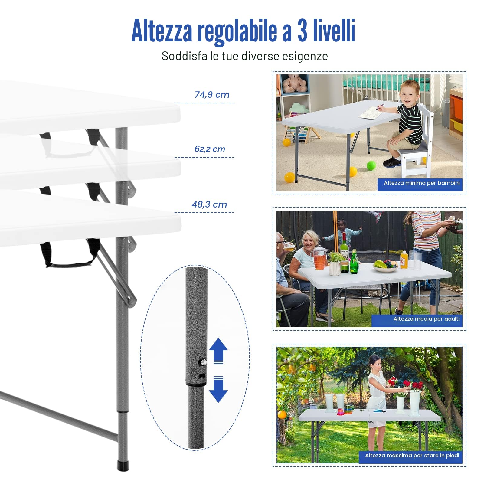 KOMFOTTEU Tavolo Pieghevole Regolabile in Altezza 120x60x74,5 cm Bianco HDPE Ferro Campeggio Picnic