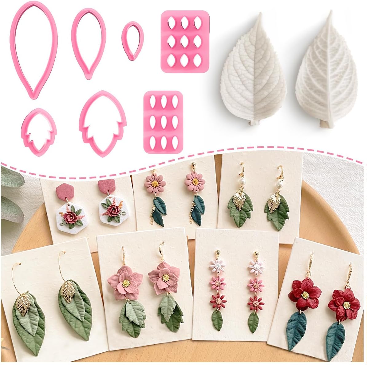 Keoker Leaf Clay Cutters Set, 7 Shapes Polymer Clay Leaf Cutters with Polymer Clay Press Mold, Polymer Clay Earring Molds, Spring Polymer Clay Earring Cutters, Polymer Clay Earring Tools