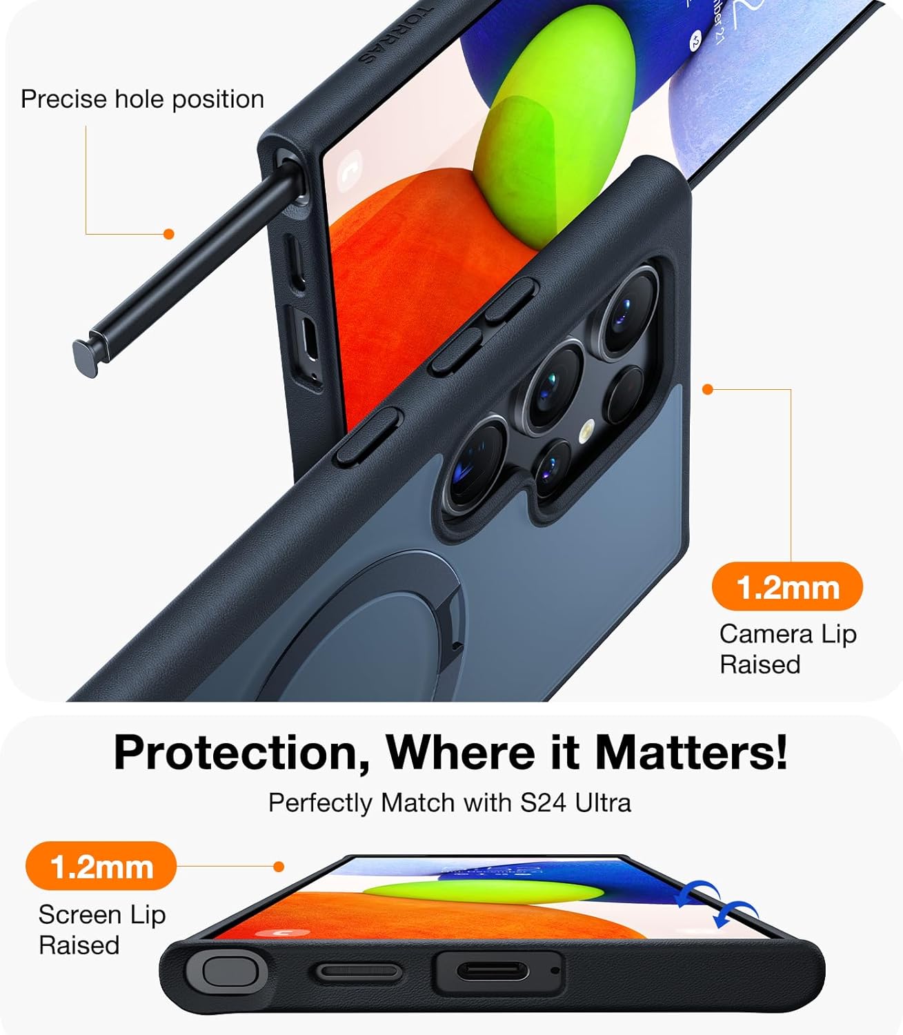 TORRAS Upgraded Magnetic Ring Stand for Samsung Galaxy S24 Ultra Case, [Fit for Magsafe], Military Grade Drop Tested Shockproof Translucent Slim Protective Phone Case for Samsung S24 Ultra Case, Black