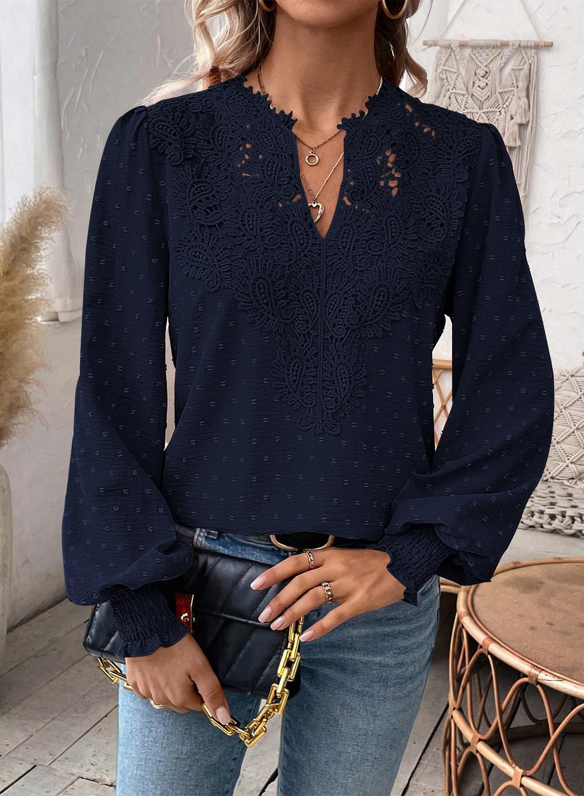 T Shirt Donna Elegante Manica Lunga Magliette Boho Scollo a V Casual | Autunno Volant Camicia, Elegante Abbigliamento, Pizzo Top, Primavera Camicetta, Ricamato Curvy Maglie, Affari Contadino Blusa