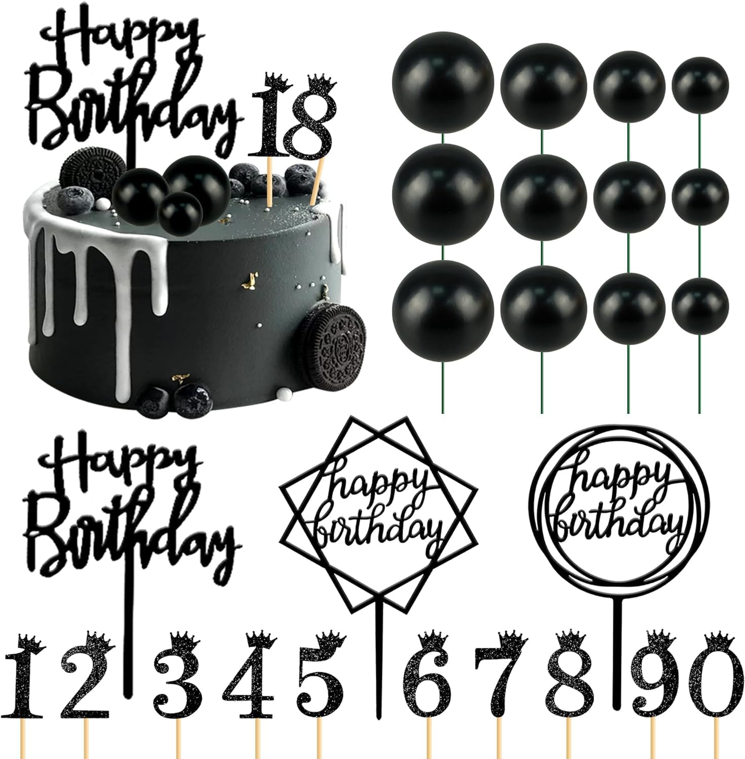 Decorazioni Torta Compleanno 48 Pezzi - Palline Numeri 0-9 In Stile Nero Bianco Oro - Foto 12