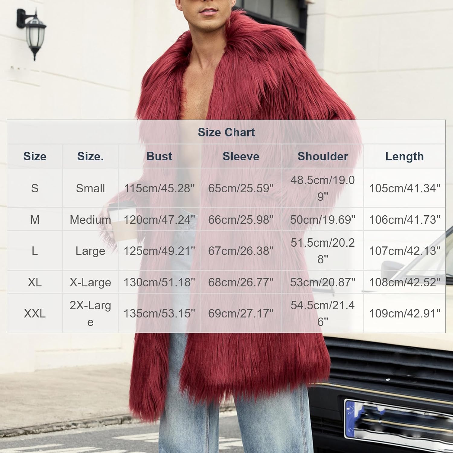Mens Long Shaggy Faux Fur Coat Lapel Furry Mid‑Length Party Jacket
