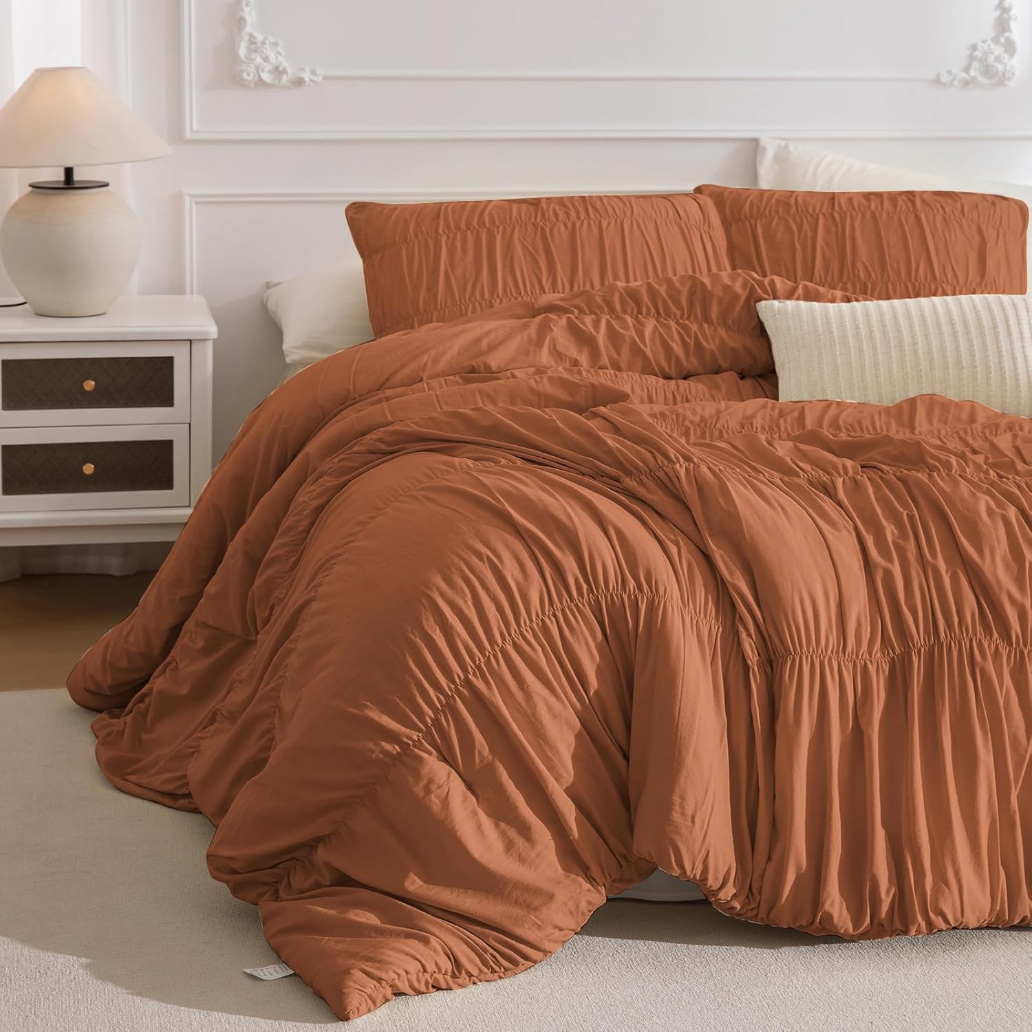 Masaca Pumpkin Oversized King Comforter 128x120,Ruched Ruffle Textured Bedding Comforter Set,3Pcs Ultra Soft Fluffy Shabby Boho Brown Orange Comforter Sets Extra Large Oversized King Plus 128x120 Pumpkin