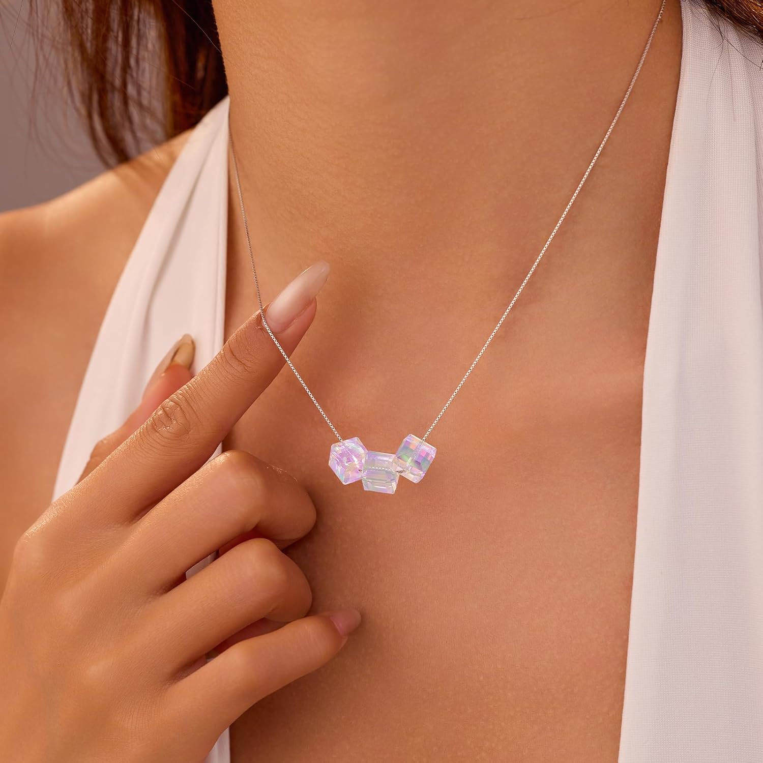 Sparkling Crystal Cube Pendant Necklace for Women 925 Sterling Silver Aurora Candy Crystal Necklace Rhinestone Chain Austrian Necklace Jewelry Gift for Mom Wife Daughter Valentine Mothers Day - Image 3