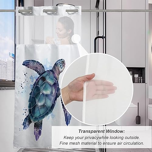 Vista 165 de Cortina de ducha de tortugas marinas, temática náutica de playa, verde y verde azulado, sin ganchos, punto gofre y forro desmontable, decoración