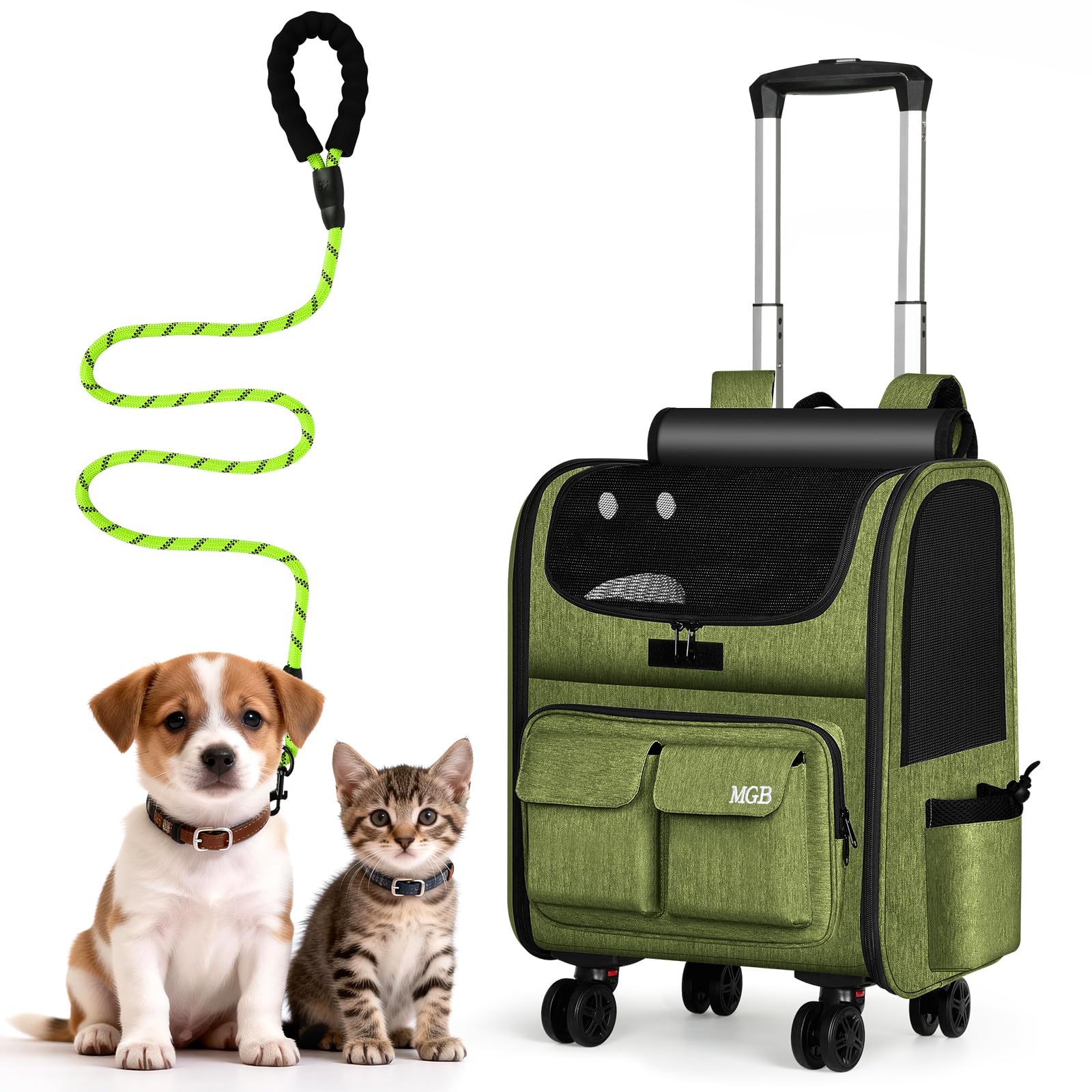 MGOB Cat Carrier with Wheels 38 x 30 x 48cm, Green