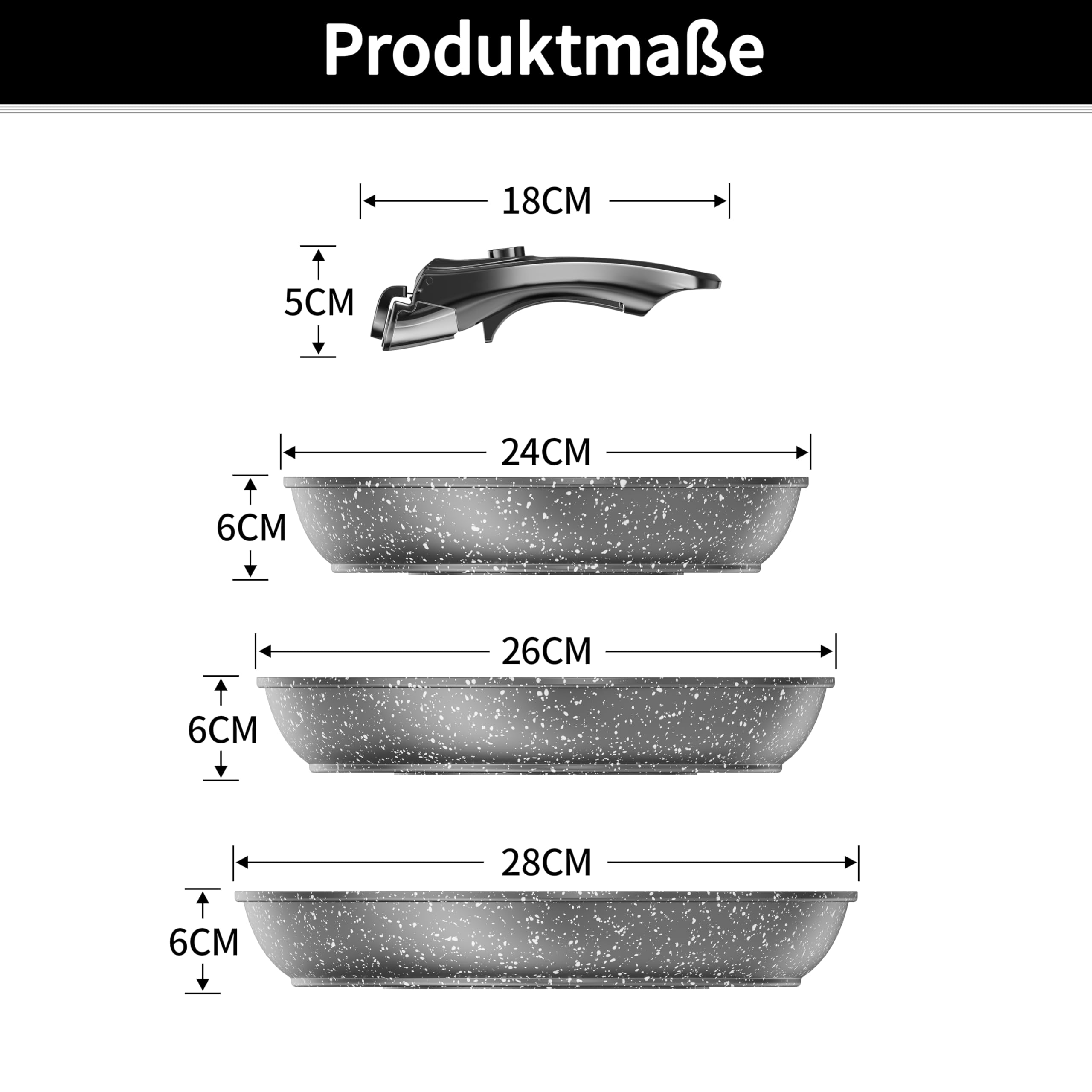 Kiseely Pfannenset mit Abnehmbarer Griff,Bratpfanne mit Antihaft beschichtung,Cool-Touch Handles Suitable for Induction,Electric and Gas Cookers,Platzsparend Pfannen. (Tiefschwarz)