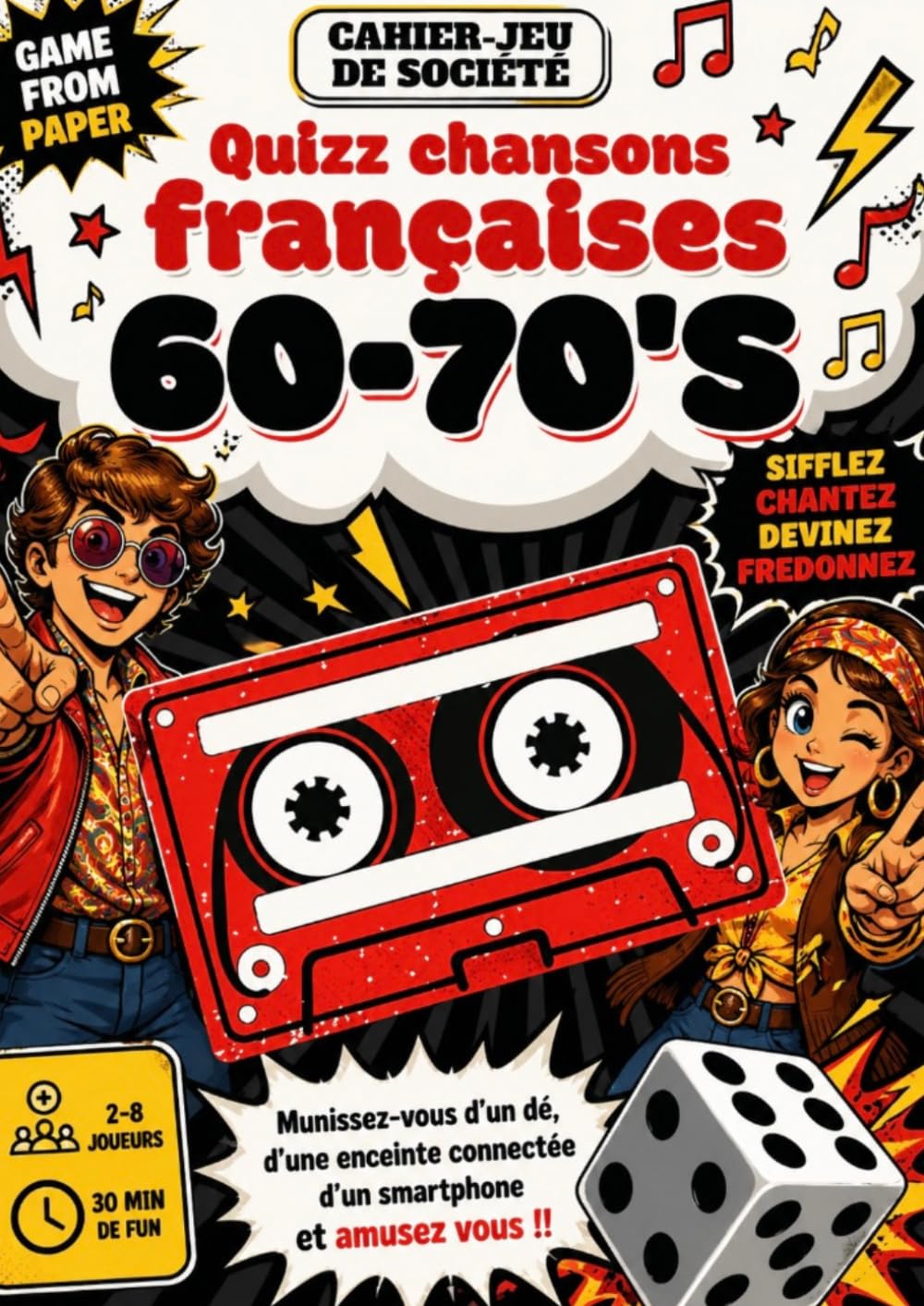 CAHIER JEU DE SOCIETE. GAME FROM PAPER.: QUIZZ CHANSONS FRANCAISES ANNEES 1960 / 1970. CHANTER, SIFFLER, FREDONNER ou DEVINER.