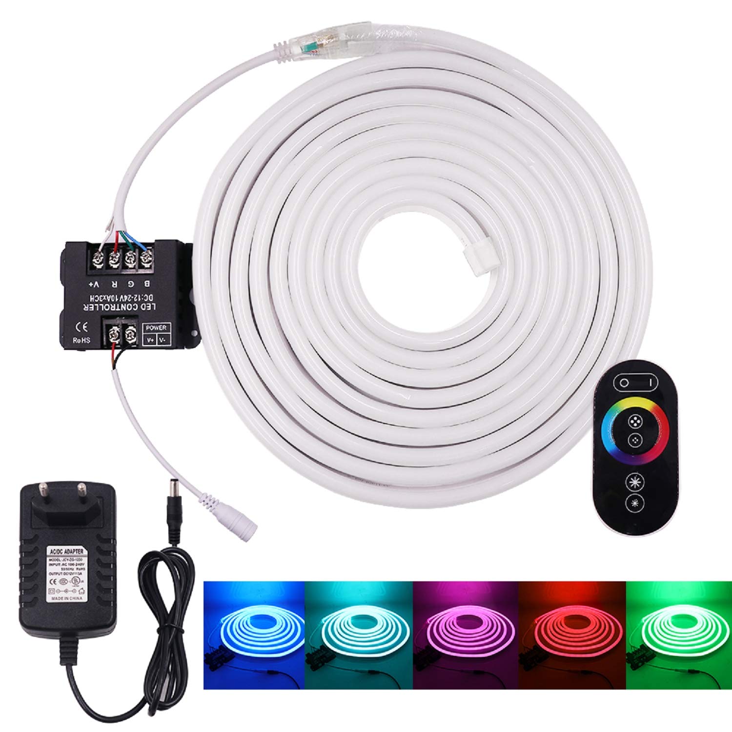 XUNATA Kit de Luz de Neón DC 12V RGB- 10m Tira de LED Flexible e Impermeable con Alimentación del Controlador Remoto RF