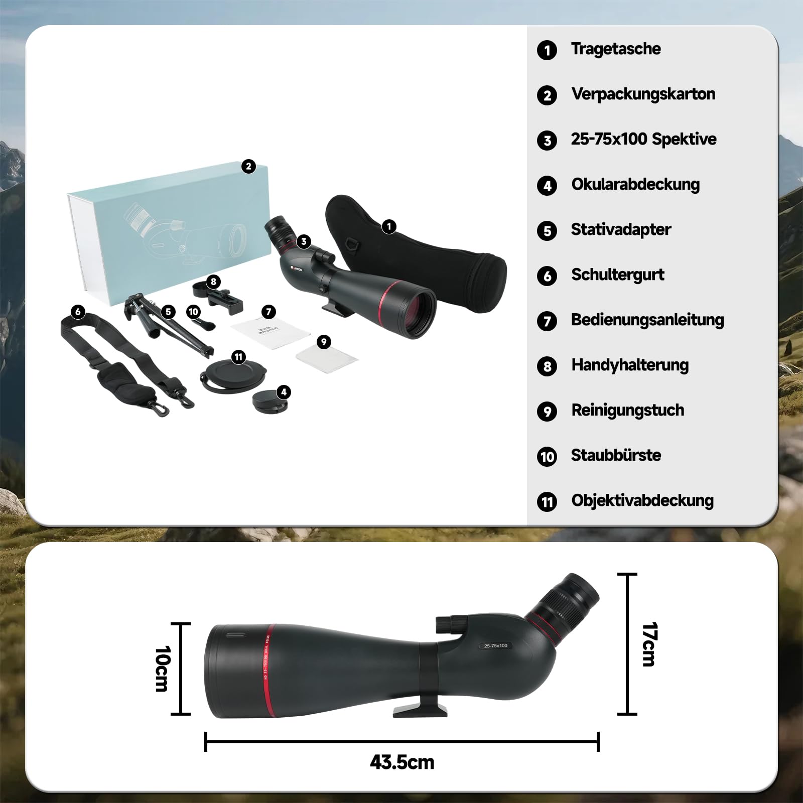Spektiv 25-75x100 BAK4 IPX7 Wasserdichtes Fernrohr 27mm Okular Doppel-Fokus Jagd Vogelbeobachtung