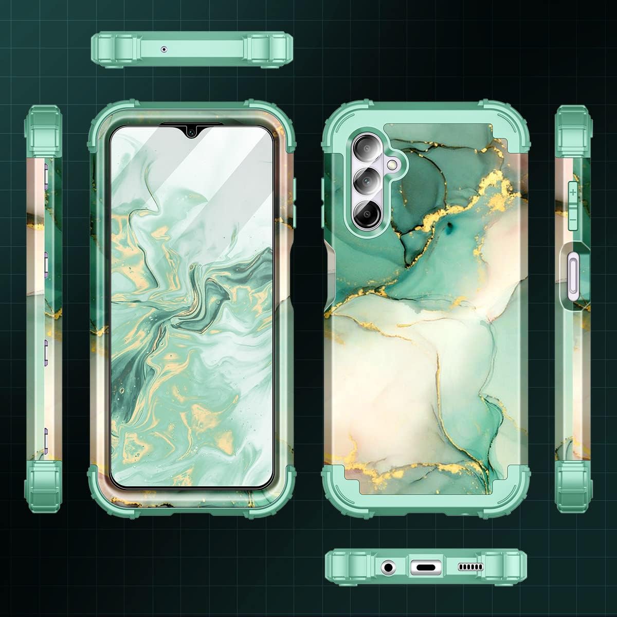 Rancase for Galaxy A14 5G Case,[2 Tempered Glass Screen Protector + 2 Camera Lens Protector ] Three Layer Heavy Duty Shockproof Hard Plastic+Soft Protective Case for Samsung Galaxy A14 5G,Mint Green