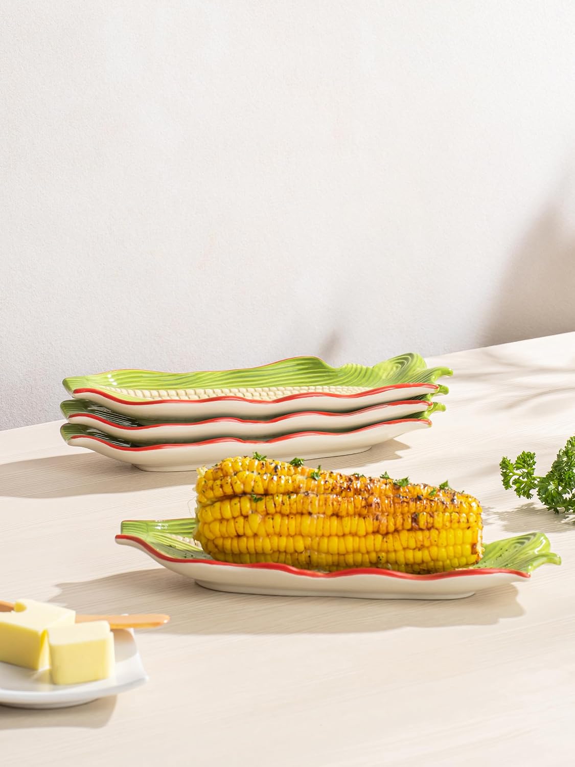 Corn on the Cob Dishes Set of 4, 10 Inch Large Ceramic Corn Cob Holders Plates, Embossed Corn Trays for Mess-Free BBQ, Summer Picnic, Oven & Dishwasher Safe, Multicolor