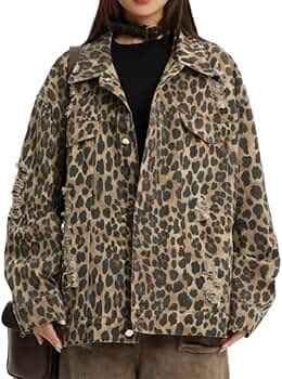 Hesaco Y2k Aesthetic Leopard Print Denim Jacket for Women, Vintage