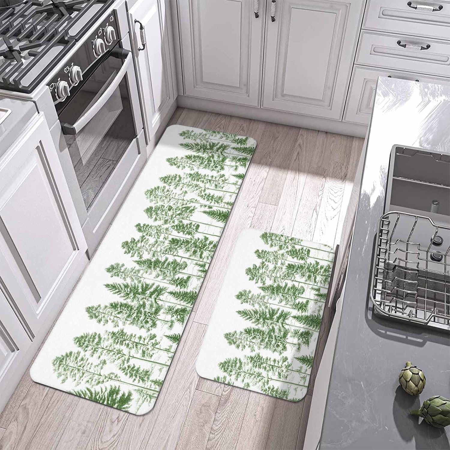Prime Leader Sage Green Tree Kitchen Mat Set 2 Pieces Pine Trees Forest Plants Non Slip Kitchen Rugs Washable Runner Rug Mats for Sink Laundry (23.6" x 35.4"+23.6" x 70.9")