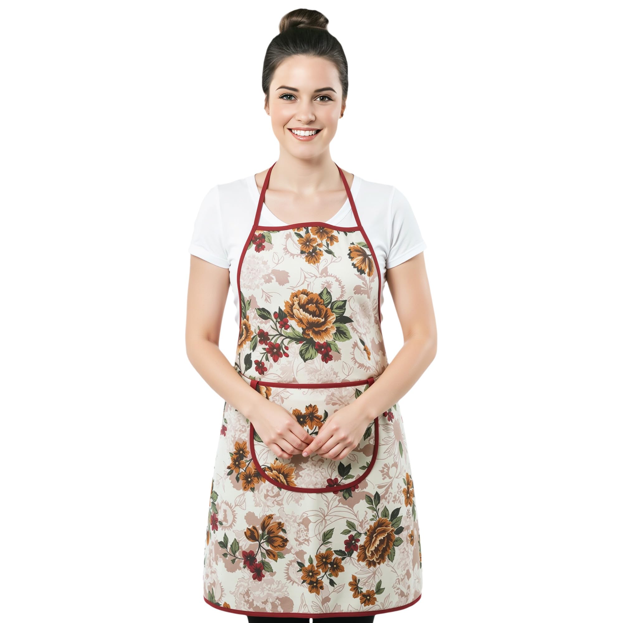 Kuber Industries Cotton Apron for Kitchen with Front Pocket | Cooking Aprons for Women & Men - Ideal for Home & Restaurant | Flower Printed - Red