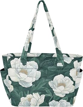 White Vintage Flower Utility Tote Bag Zipper Beach Bag for Travel & Beach Weekend Getaway with Tumbler Holder Pocket Bolsa para gimnasio