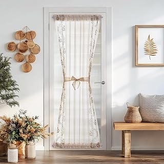 jinchan Belrose Linen Floral Door Curtain 72 Inches 1 Panel Taupe on Linen | Floral Embroidered, Linen Blend, Ruffled header, Bow-Tie Strap, Farmhouse Style, Light Filtering, Rod Pocket