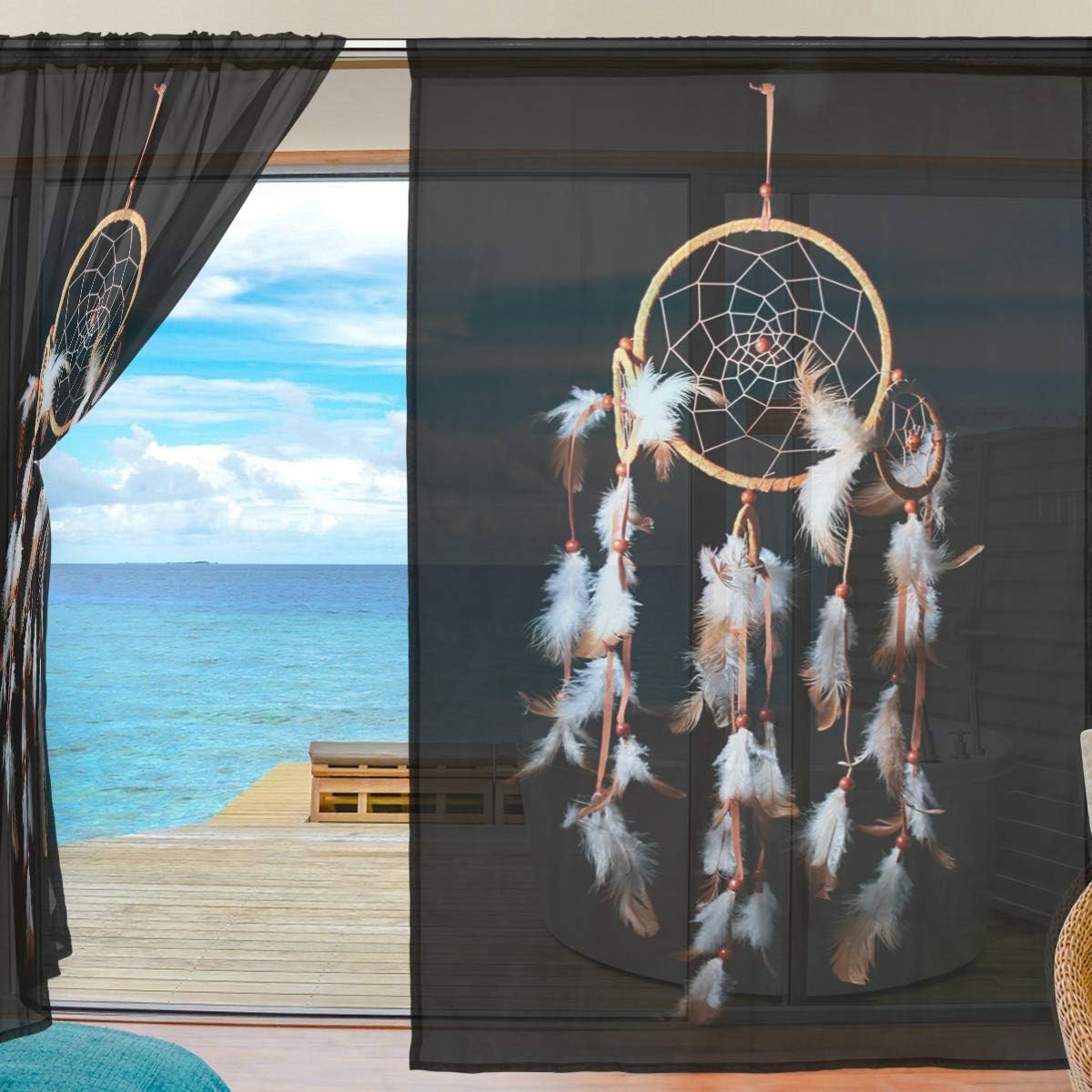 ISAOA Dreamcatcher Black And White Feathers Fashion 2 PCS Tulle Sheer Curtain Window Sheer Curtain Panel Voile Door Sheer Curtains for Bedroom Living Room Home Decor,55x78 inches - Image 4