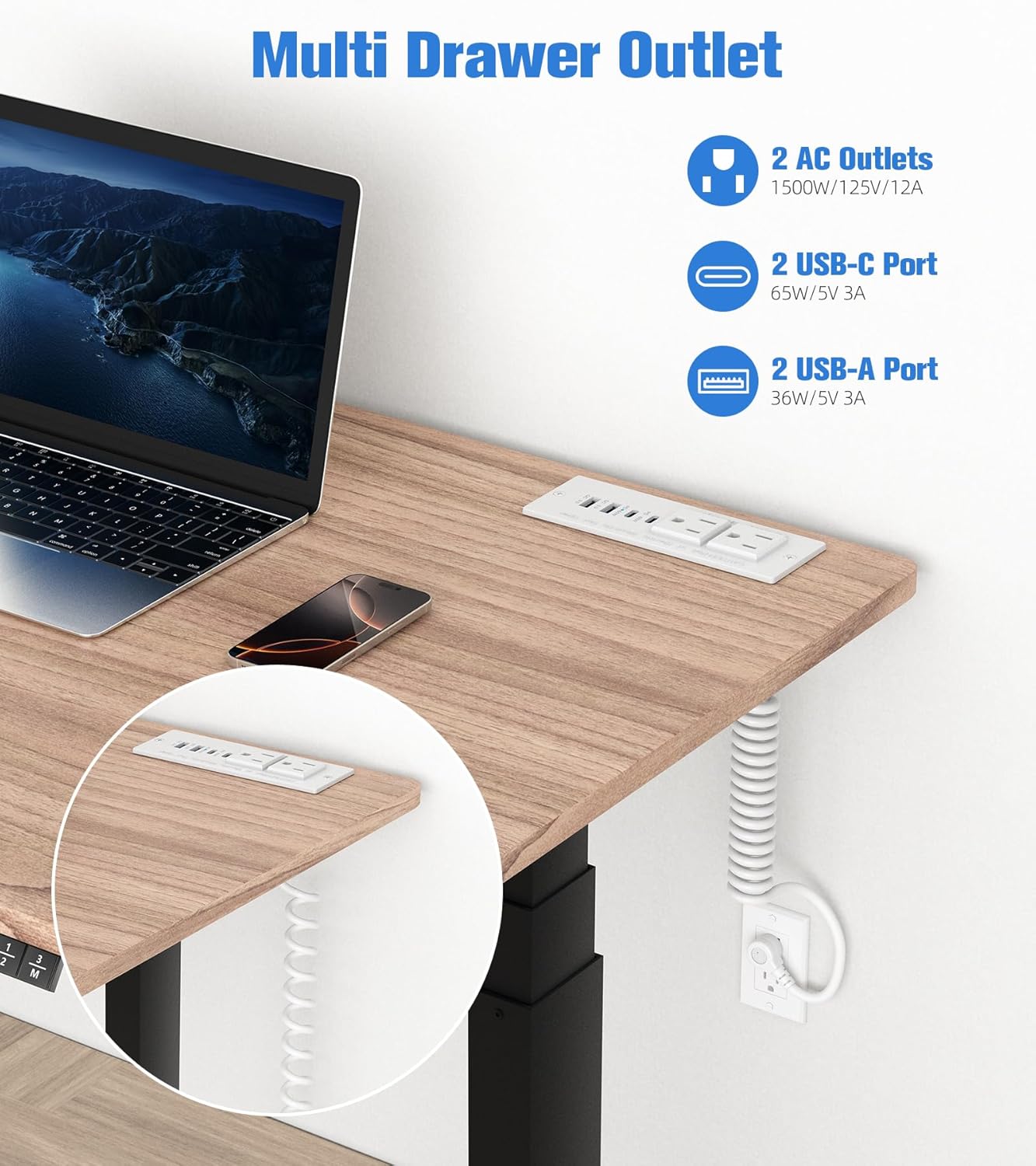65W Furniture Drawer Outlet Kit, Recessed Outlet with 4 USB Ports & 2 AC Outlets, Recessed Power Strip for Home, Office,14 AWG-6FT Spring Cord