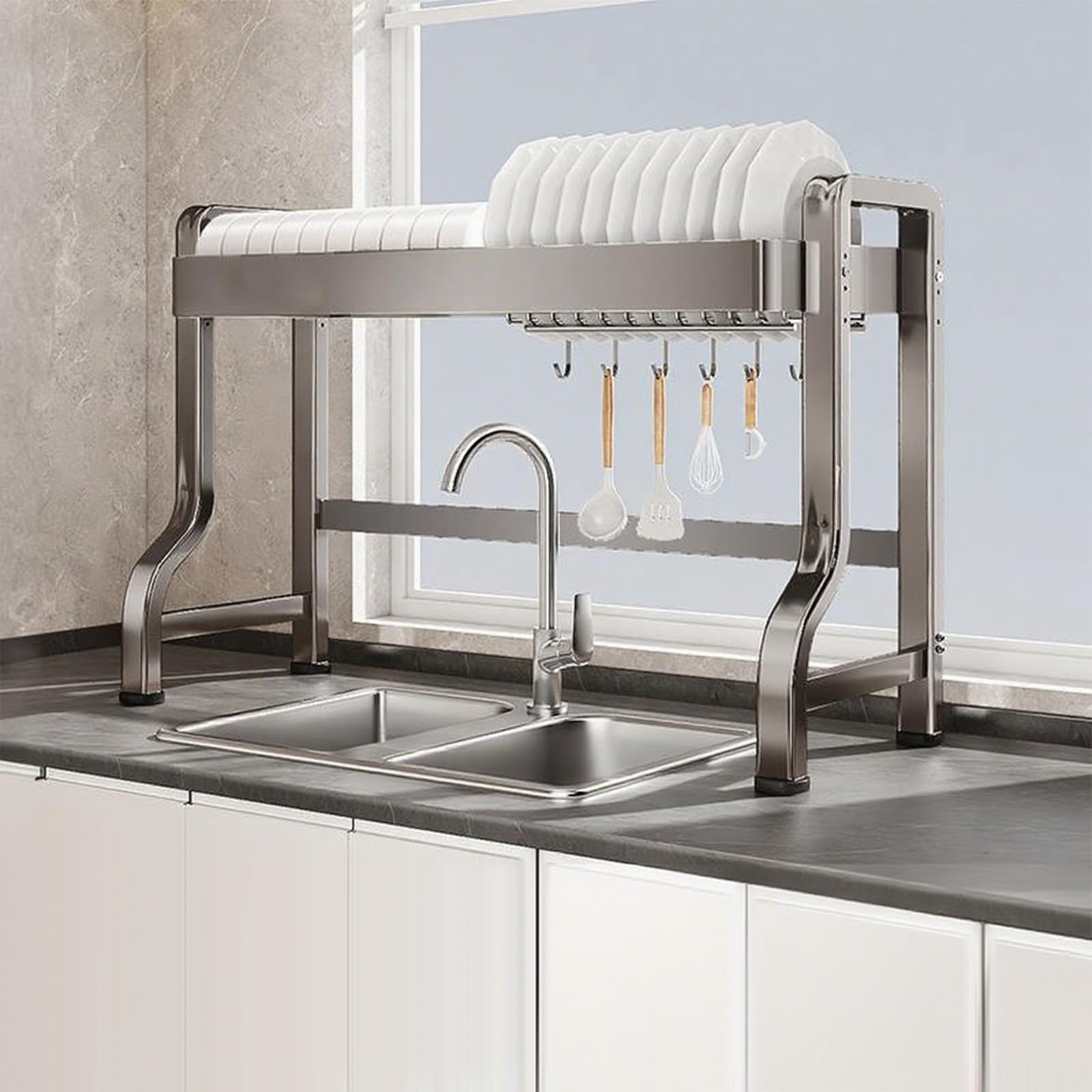 Genérico Escurreplatos Ajustable sobre Fregadero - 1 Nivel Gris Metalizado, Gran Capacidad de 65 cm (25 Pulgadas), 3 Posiciones para optimizar el Espacio y la organización de la Cocina.