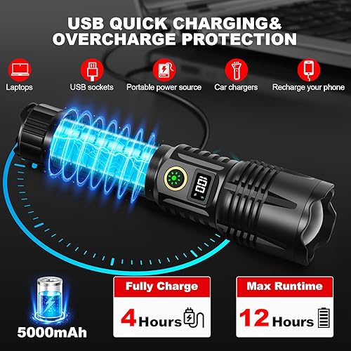 Miniatura 5 de Linterna recargable de alto brillo  900000 lúmenes LED más brillante, 5000mAh gran capacidad, 5 modos, IPX6 impermeable potente linterna de mano,