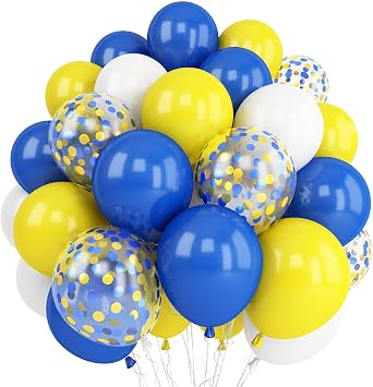 Yellow Blue Balloons, 12 Inches Blue Yellow White Balloons with Confetti Balloons Dark Blue Latex Balloon Helium for Kids Birthday Graduation Baby Shower Party Decoration